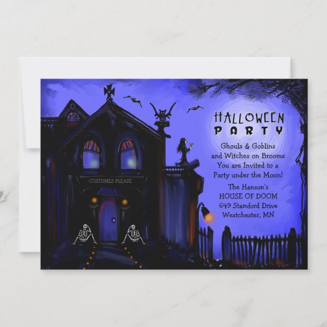 Invitation d'Halloween - Maison hantée et squelett (Devant)