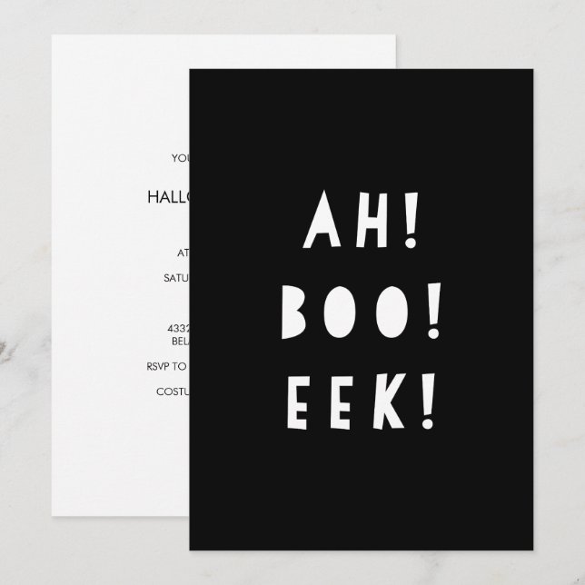 Invitation d'Halloween monochrome | AH BOO EEK ! (Devant / Derrière)