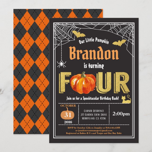 Invitation d'Halloween pour les enfants de 4 ans.  (Devant / Derrière)