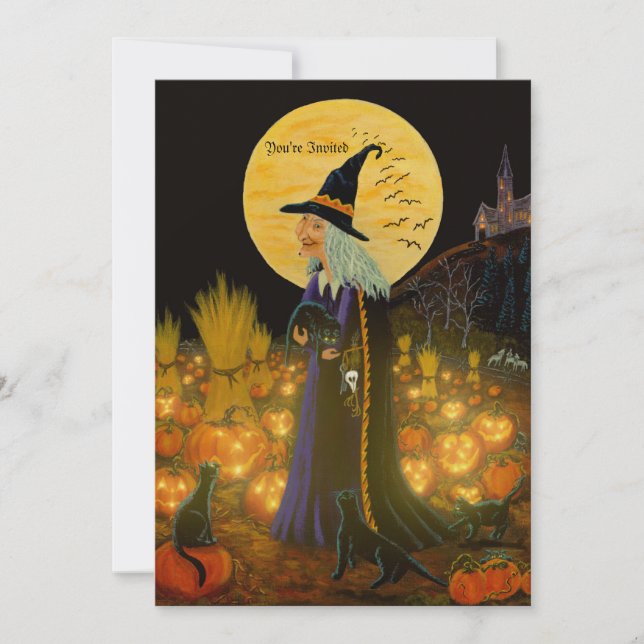 Invitation d'Halloween, sorcière dans un pa Jack-O (Devant)