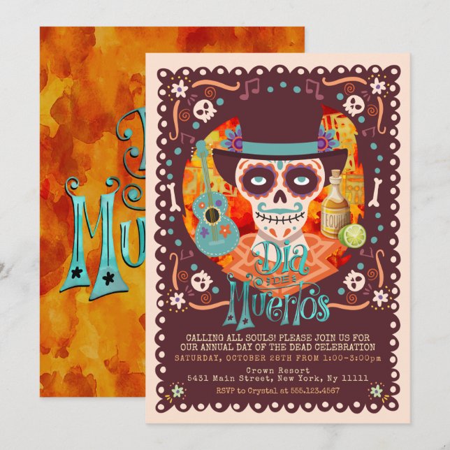 Invitation Dia de los Muertos, Crânes de Sucre (Devant / Derrière)