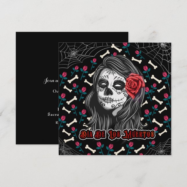 INVITATION DIA DE LOS MUERTOS SUGAR SKULL FILLE ET ROSES ROSE (Devant / Derrière)