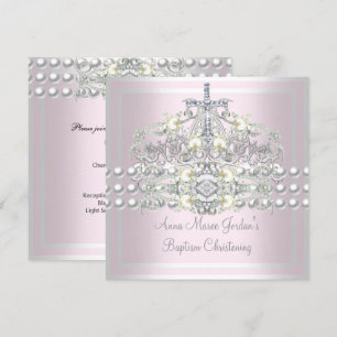 Invitation Diadème Baptême Rose Perle Blanche Diamant Argent