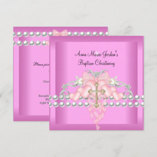 Invitation Diadème Baptême Rose Perle Blanche Diamant Argent