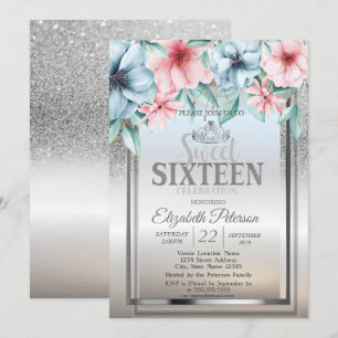 Invitation Diadème, cadre argent paillettes bokeh floral doux