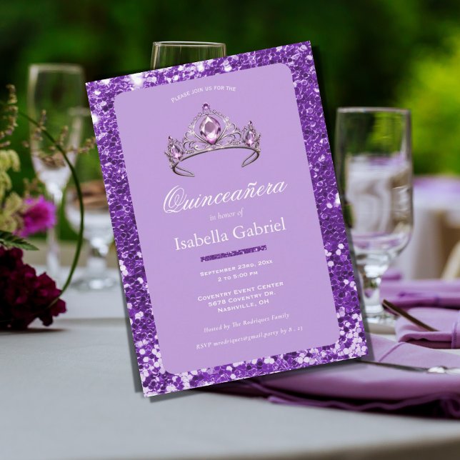 Invitation Diadème Couronne Paillettes Violettes Élégant Quin (Créateur téléchargé)