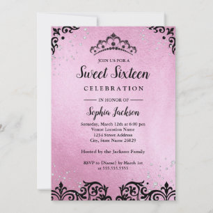 Invitation Diadème Damassé Étincelant Rose Sweet Sixteen
