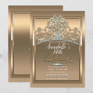 Invitation Diadème de princesse en or pour fête d'anniversair