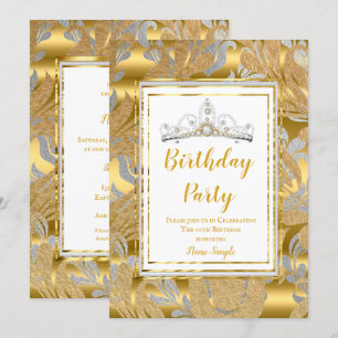 Invitation Diadème élégant doré à damas gris pour fête d'anni