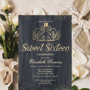 Invitation Diadème élégant en or Confetti Princesse Douce 16 