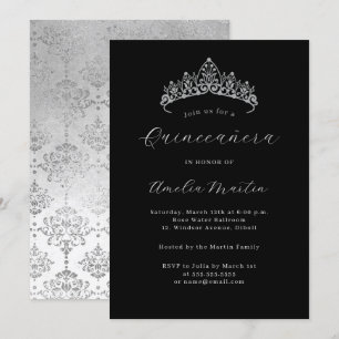Invitation Diadème élégant noir argent damassé Quinceanera