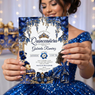 Invitation Diadème élégant royal bleu doré Quinceañera