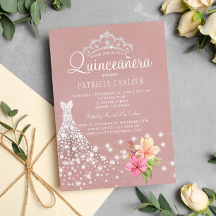 Invitation Diadème en diamant et robe florale chic pour quinc