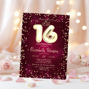 Invitation Diadème en or,Diamants Fête Douce 16 Burgundy