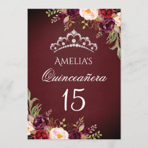 Invitation Diadème Étincelant Argent Burgundy Floral Quincean
