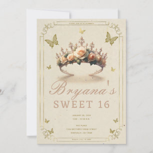 Invitation Diadème Fleur Rose & Papillons Dorés Sweet 16