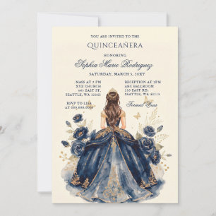 Invitation Diadème Floral de Princesse Or Marine Quinceañera