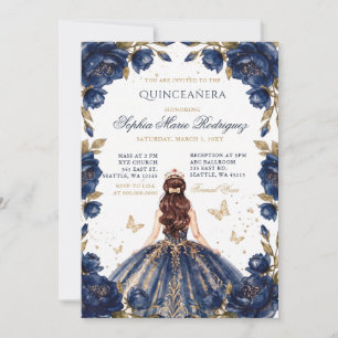 Invitation Diadème Floral de Princesse Or Navy Quinceañera