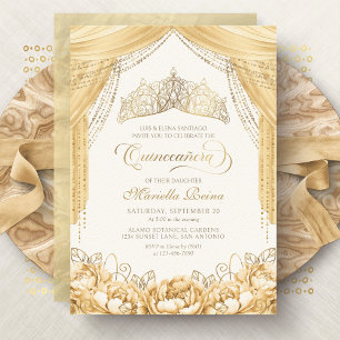 Invitation Diadème Floral Or Jaune Moderne Quinceanera