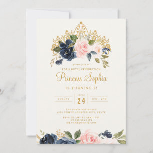 Invitation Diadème Floral Princesse Navy Blush Anniversaire