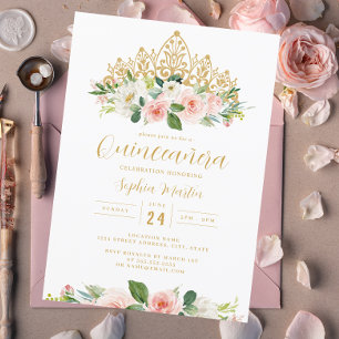Invitation Diadème Floral Rose Doré Quinceanera