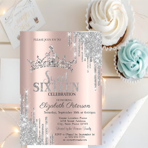 Invitation Diadème gouttes de paillettes argent rose or rose