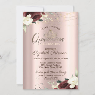 Invitation Diadème,Lumières,Roses Bourguignon,Quinceañera en