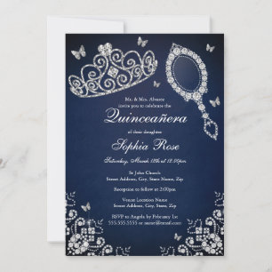Invitation Diadème Miroir Papillon Navy Jewel Quinceanera