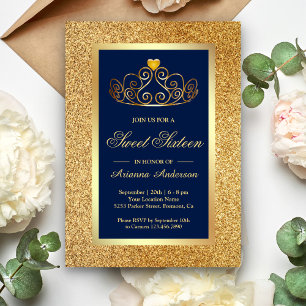 Invitation Diadème Paillettes Dorées Princesse Bleue Sweet Si