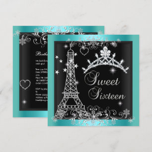 Invitation Diadème Paillettes Turquoise Sweet 16 Tour Eiffel