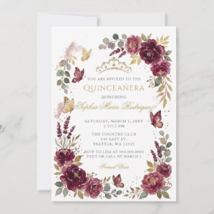 Invitation Diadème papillon floral bordeaux or Quinceañera
