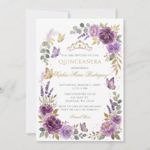 Invitation Diadème Papillon Floral Violet Or Quinceañera