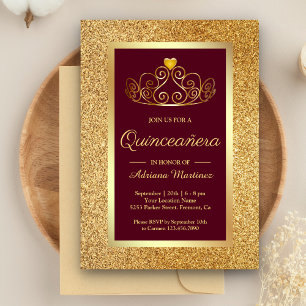Invitation Diadème Princesse Burgundy Paillettes Dorées Quinc