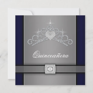 Invitation Diadème Quinceanera Cœur Diamant Noir Argenté