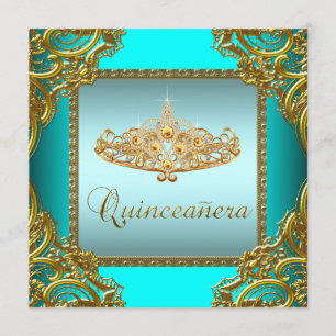Invitation Diadème Quinceanera Or Bleu Sarcelle
