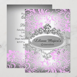 Invitation Diadème Rose Argenté & Fleurs Pailletées Quinceane