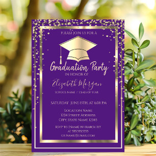Invitation Diagrammes Gold Grad Casquette Violet Graduation