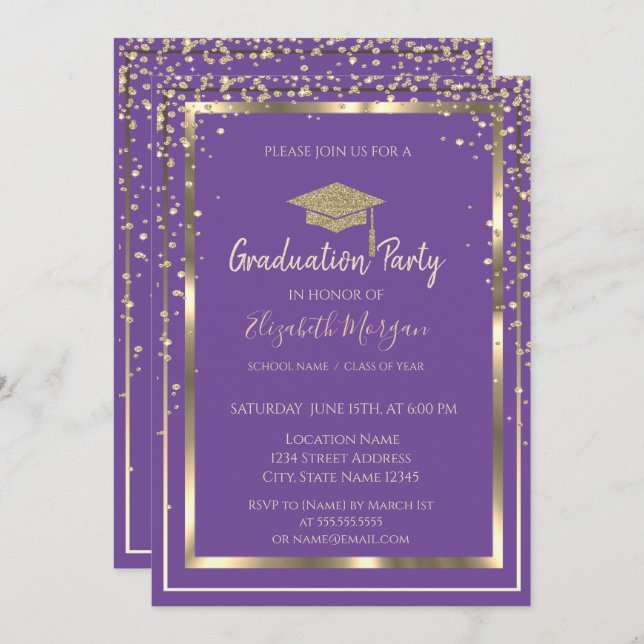 Invitation Diagrammes Gold Graduation Cap Violet Graduation (Devant / Derrière)