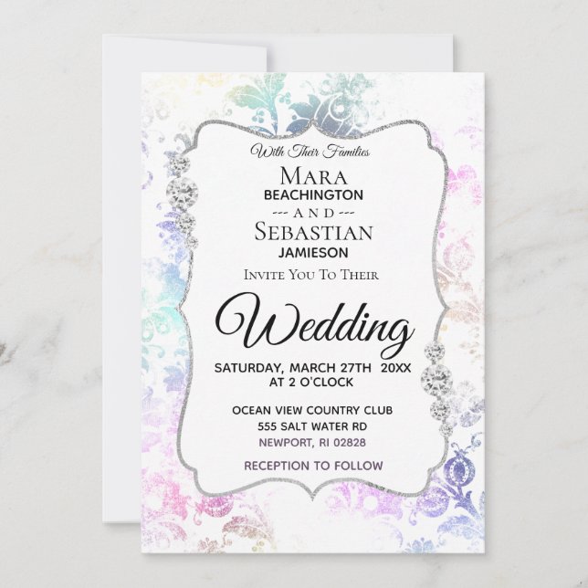 Invitation *~* Diamant Blanc Vintage Rustique Mariage damassé (Devant)