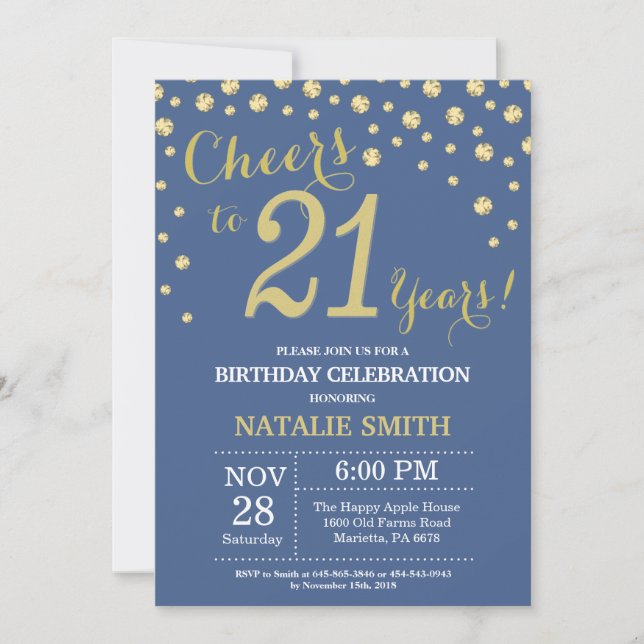 Invitation Diamant bleu et or 21e anniversaire (Devant)