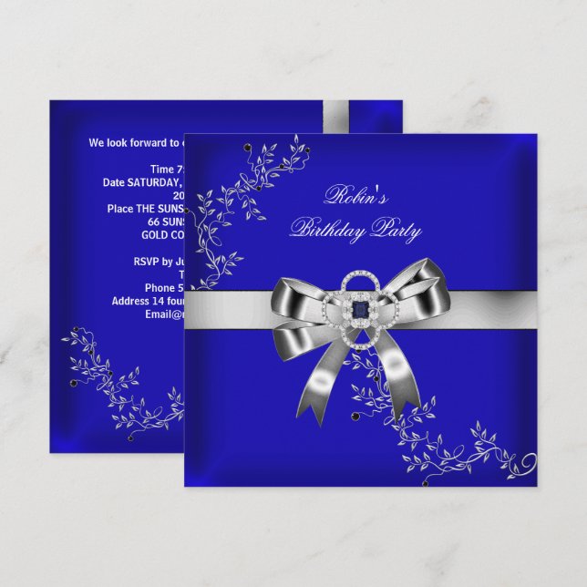 Invitation Diamant Bleu Royal Bijou Arc Argent (Devant / Derrière)