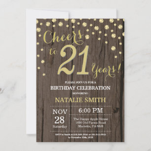 Invitation Diamant d'anniversaire Rustic Wood Gold 21st Birth