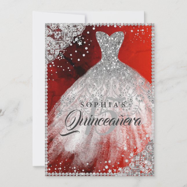 Invitation Diamant Dentelle Étincelle Gown Argent Rouge Quinc (Devant)