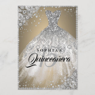 Invitation Diamant Dentelle Étincelle Or Silver Quinceanera