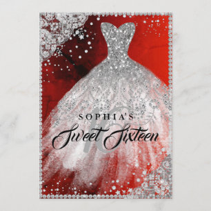 Invitation Diamant Dentelle Étincelle Sweet sixteen rouge
