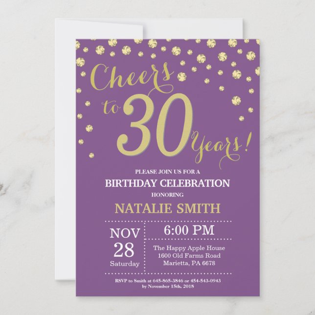 Invitation Diamant du 30e anniversaire violet et or (Devant)