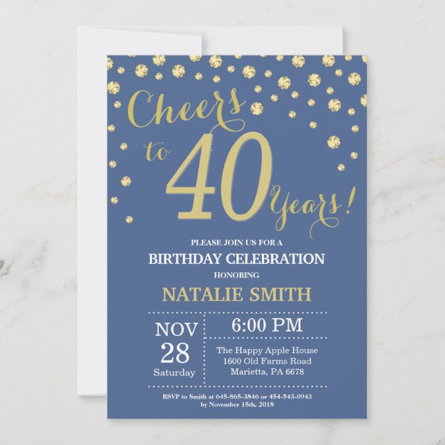 Invitation Diamant du 40e anniversaire bleu et or (Devant)
