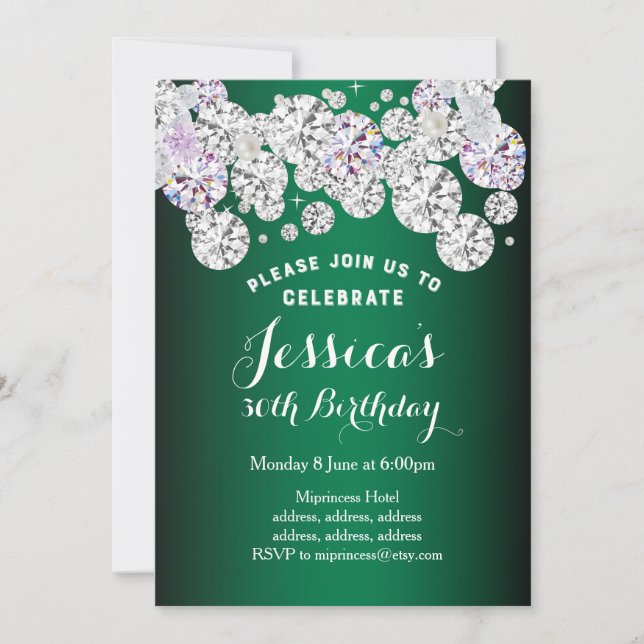 Invitation Diamant élégant VERT, parties scintillant invitati (Devant)