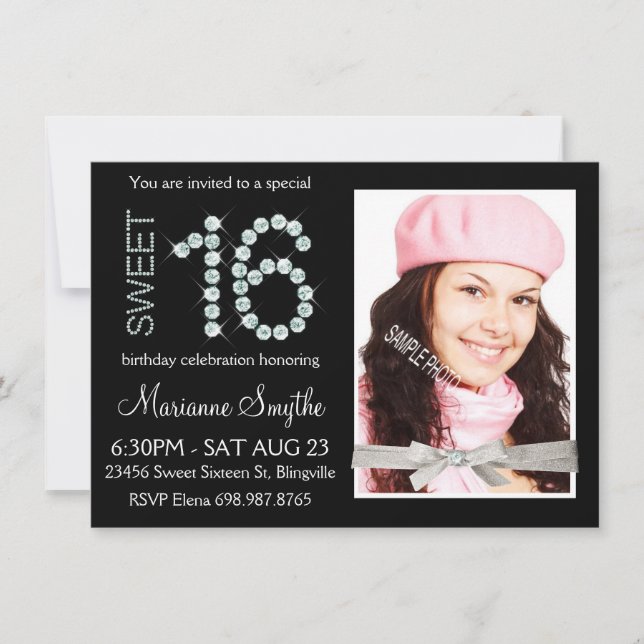 Invitation Diamant et Parties scintillant d'argent pour fille (Devant)
