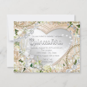 Invitation Diamant et Pearl Rose blanche Quinceanera